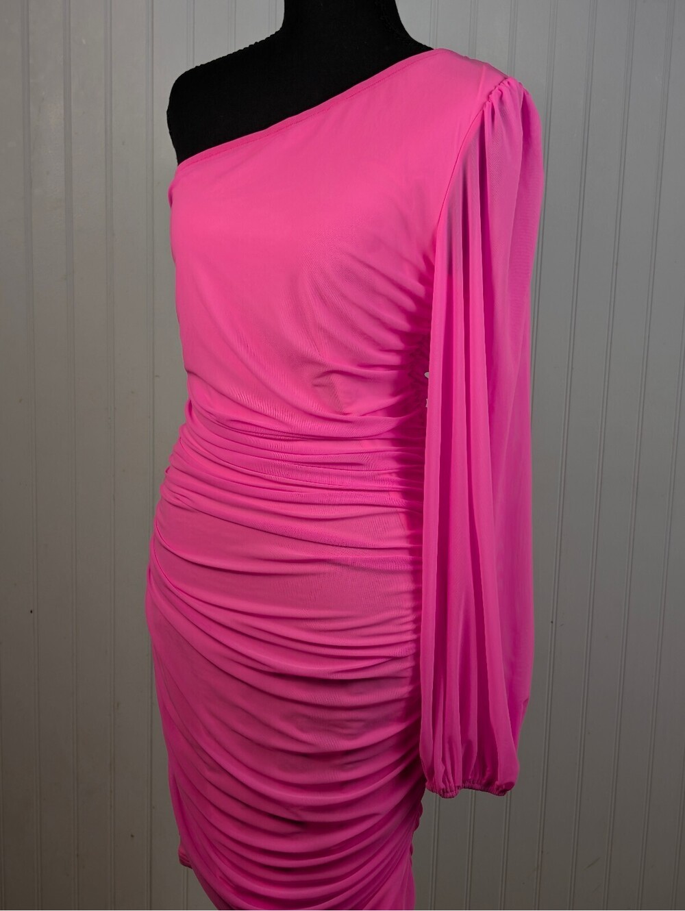 Anrabess Pink One-Shoulder Ruched Bodycon Dress with Long Sleeve - Picture 2 of 9